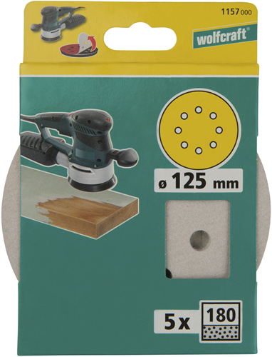 Discos de lijado adhesivos Wolfcraft | pintura laca | k180 | ø125mm | 5 piezas - 1157000