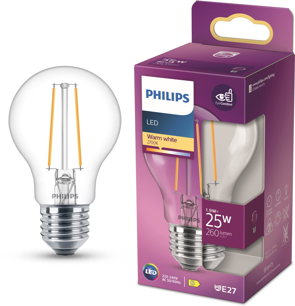 Philips LED lamp - standard lamp shape with E27 fitting - warm white light: 2700k - 25w - clear glass