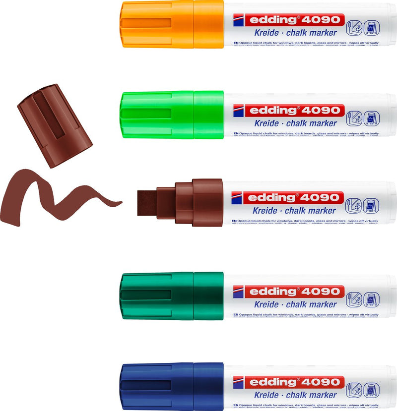 Pennarello a gesso Edding 4090 - vari colori - 5 segnafinestre - punta a scalpello 4-15 mm - segnafinestre per insegne, finestre, vetri, specchi - i pennarelli a gesso per finestre sono lavabili e cancellabili