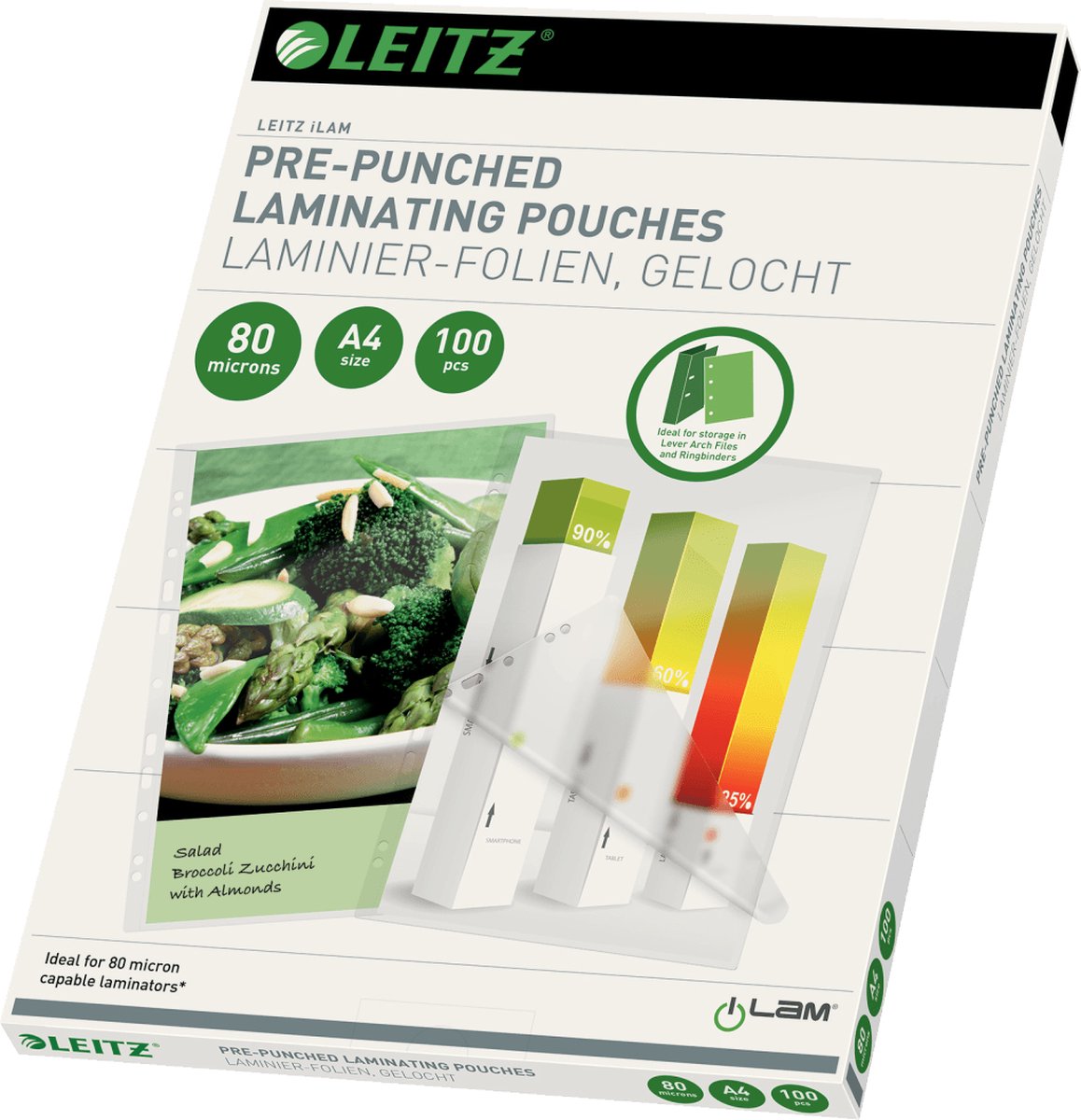 Leitz ilam - buste di laminazione - perforate - a4 - 80 micron - 100 pezzi