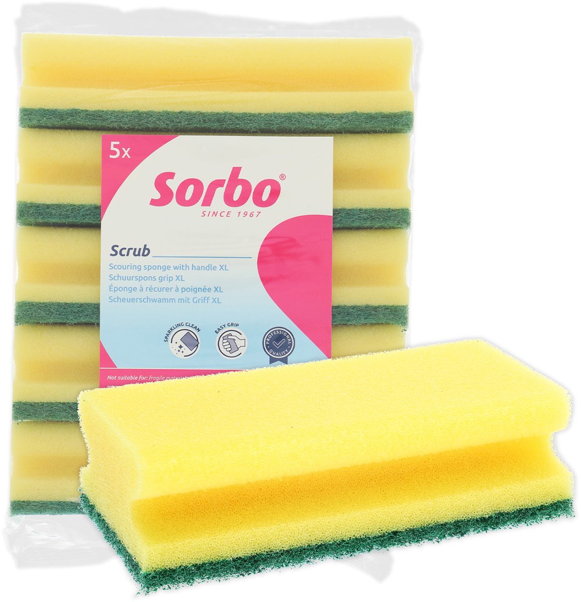 Sorbo schuurspons jumbo - 5 stuks - grote viscose spons met handgreep voor vet en hardnekkig vuil