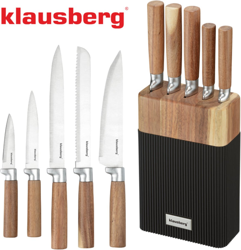 Klausberg kb-7981 set coltelli 6 pezzi - 5 coltelli con ceppo in legno di acacia - acciaio inox nero - ceppo coltelli compresi - aspetto naturale - coltello da chef - coltello da pane -