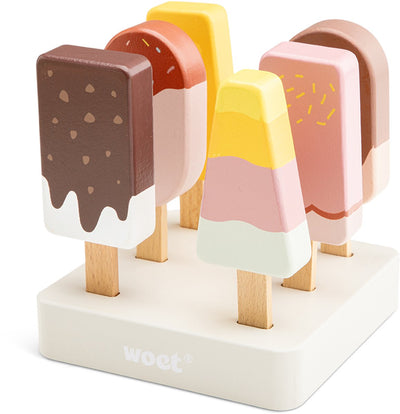 Woet ® Juguetes para helados de madera - Helados de colores de 6 piezas con soporte - Comida de juguete - Juego de rol Puesto de helados de juguete de cocina - A partir de 2 años
