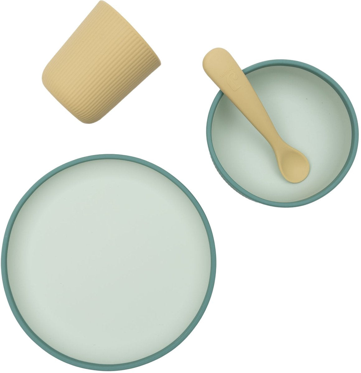 Juego de vajilla infantil Jollein de silicona - con plato, cuenco y taza - tonos jade