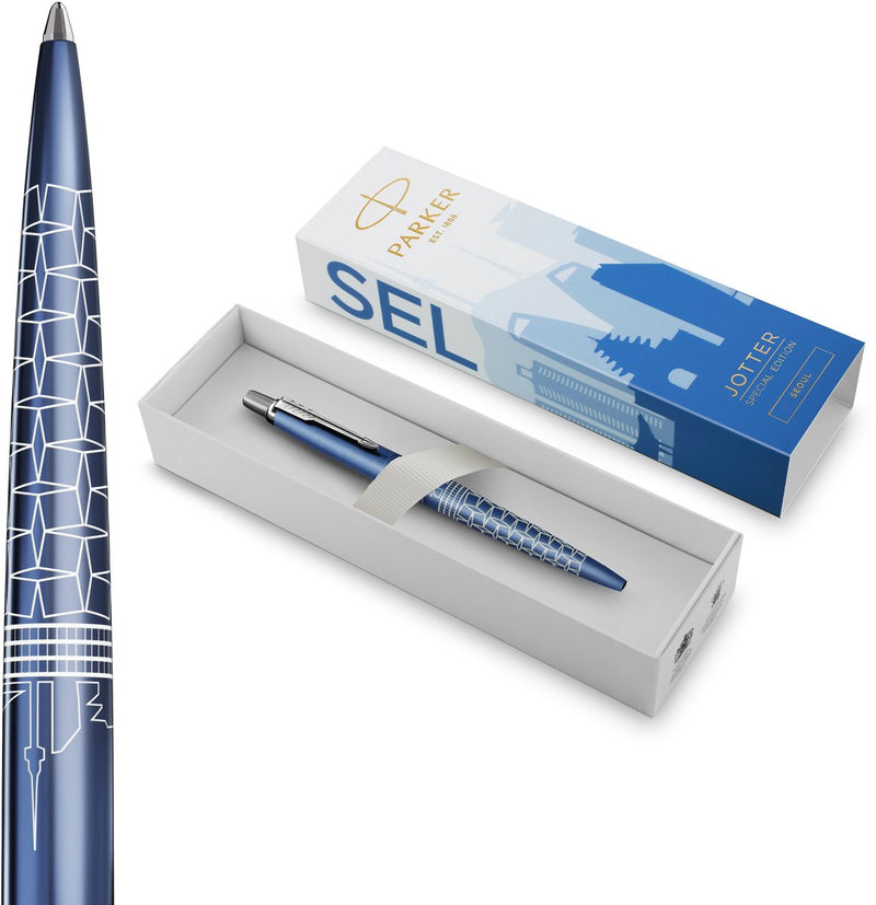 Bolígrafo Parker Jotter | edición especial | azul Seúl con detalle cromado | punta mediana | tinta azul | embalaje de regalo