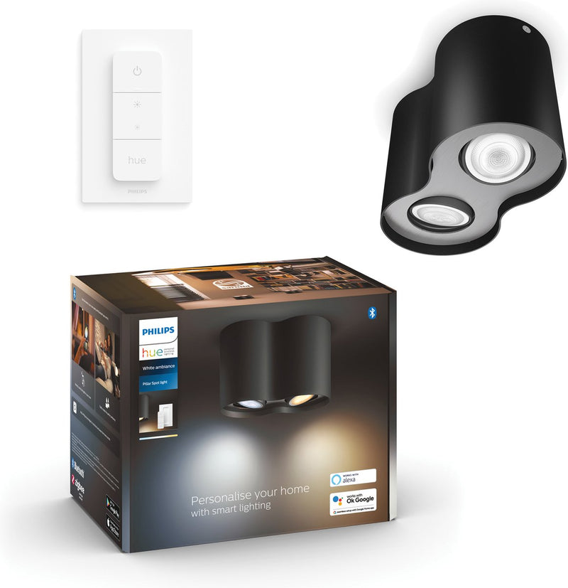 Faretto da superficie Philips Hue Pillar - luce bianca calda/fredda - 2 faretti - nero - 1 dimmer - gu10