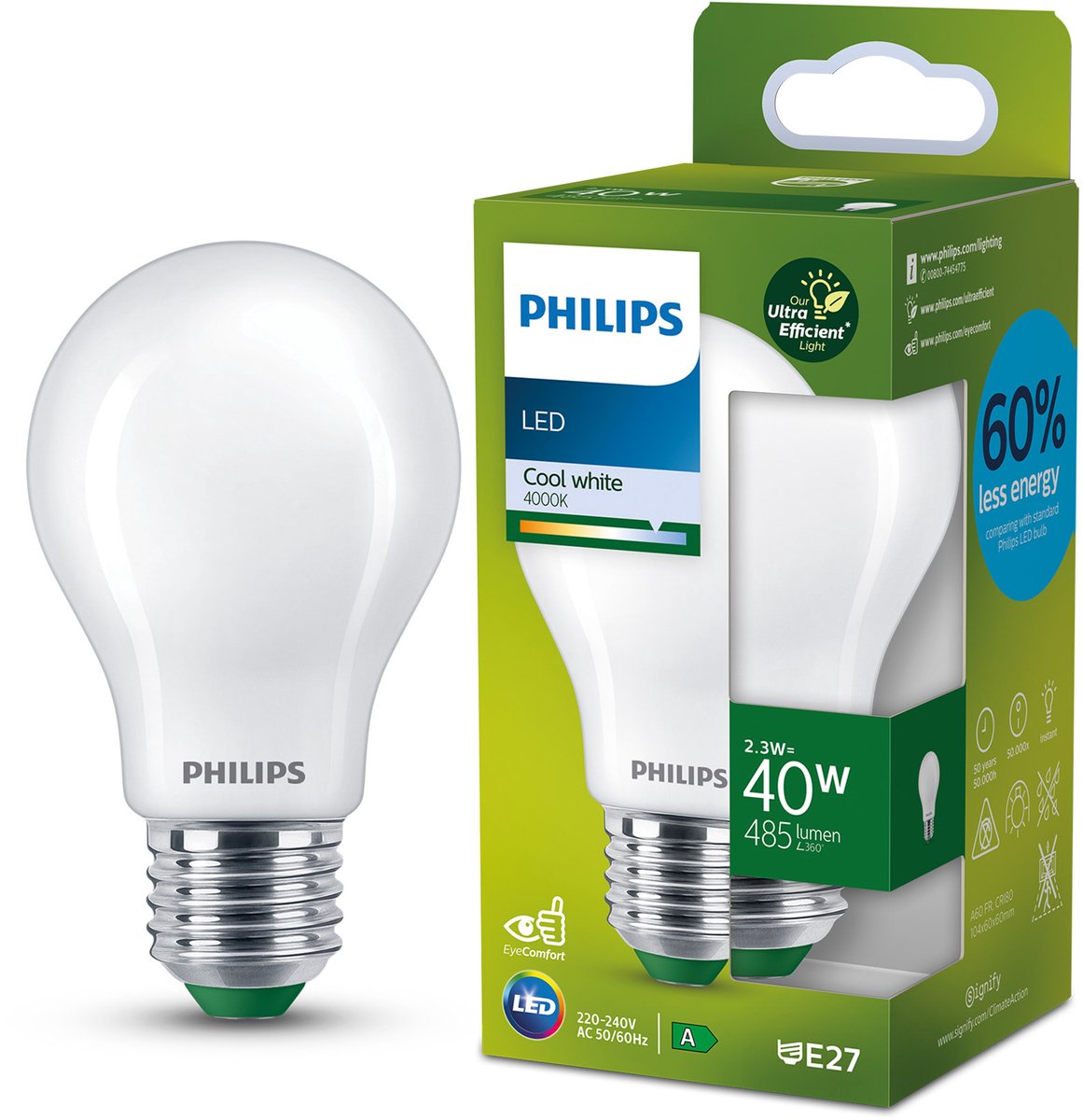 Philips LED Lampada LED ultraefficiente Philips - opaca - 40w - attacco E27 - luce bianca fredda: 4000k - risparmia sui costi energetici