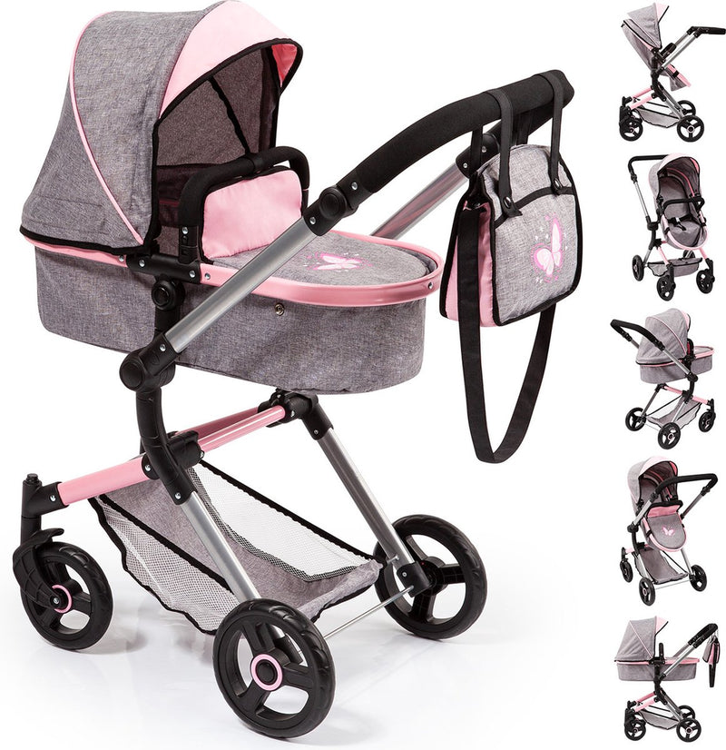 Bayer design - cochecito de muñecas neo vario - gris con mariposa