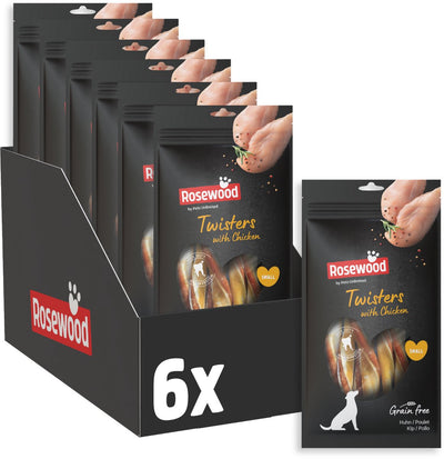 Rosewood Twisters pollo pequeño - palitos masticables para perros pequeños - con piel cruda de pollo - sin cereales y sin gluten - sin aditivos artificiales - 6 bolsas de 90g