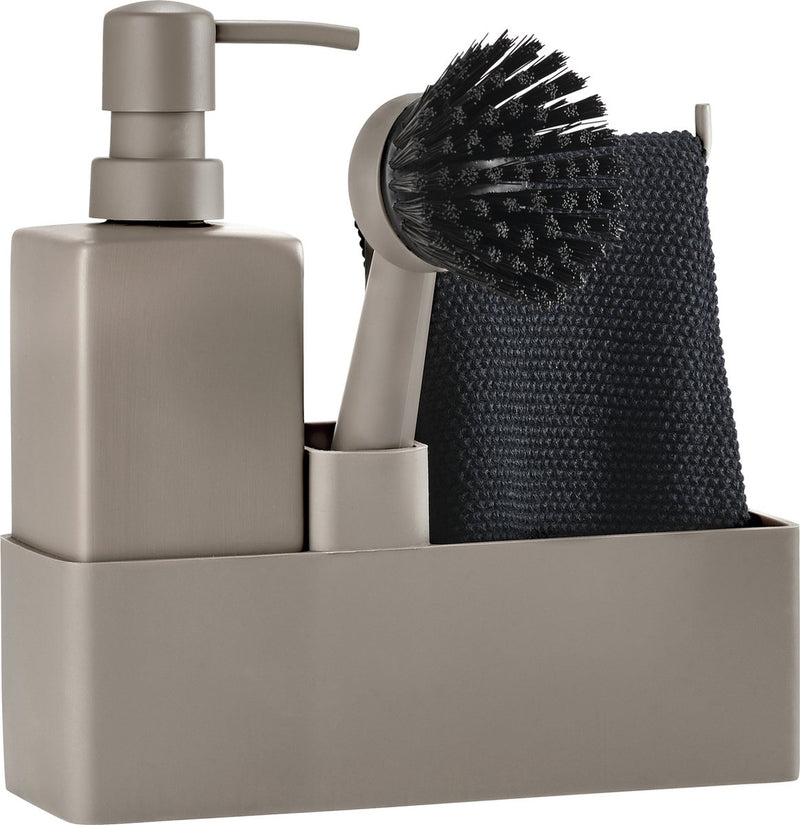 Set lavastoviglie Zone Denmark 19 x 6 x 20,5 cm con strofinaccio, dispenser sapone in ceramica e spazzola per piatti - 4 pezzi tortora - set lavastoviglie