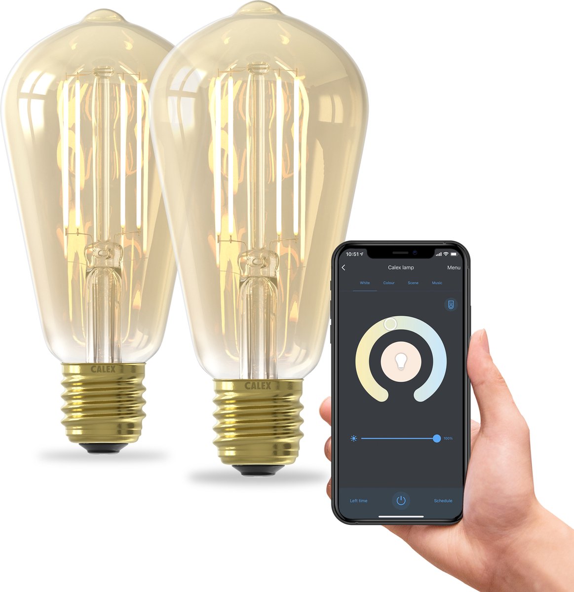 Calex slimme lamp - set van 2 stuks - wifi led filament verlichting - e27 - rustiek smart bulb goud - dimbaar - warm wit licht - 7w