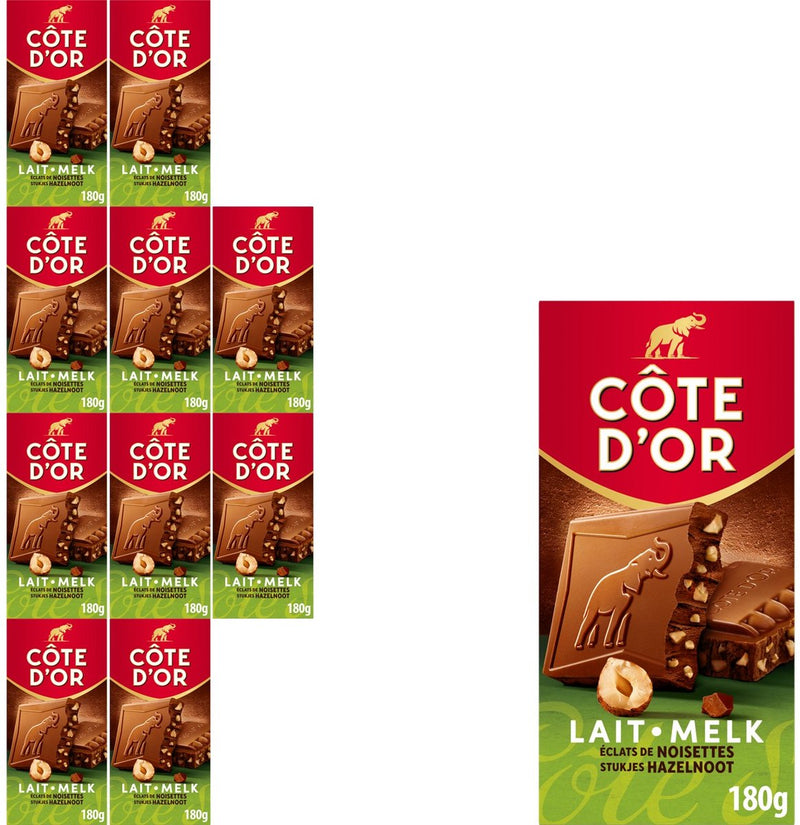 Barra de chocolate Côte d'or con leche y trozos de avellana 10 x 180 g - tabletas de chocolate - regalo de cumpleaños para mujeres o hombres - stock