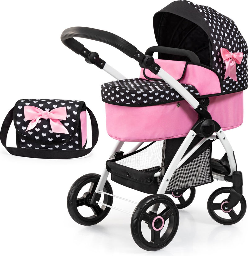 Carrozzina per bambole City Max design Bayer con borsa, regolabile in altezza, ruote anteriori piroettanti, trasformabile in passeggino, cestino integrato in bianco e nero