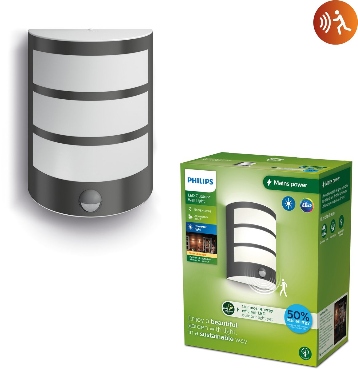 Philips LED Philips Python wall lamp - ultra efficient - anthracite - with sensor - 3.8W
