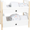Muñeca de madera de pie pequeña cama alta botón con ropa de cama, 6dlg.
