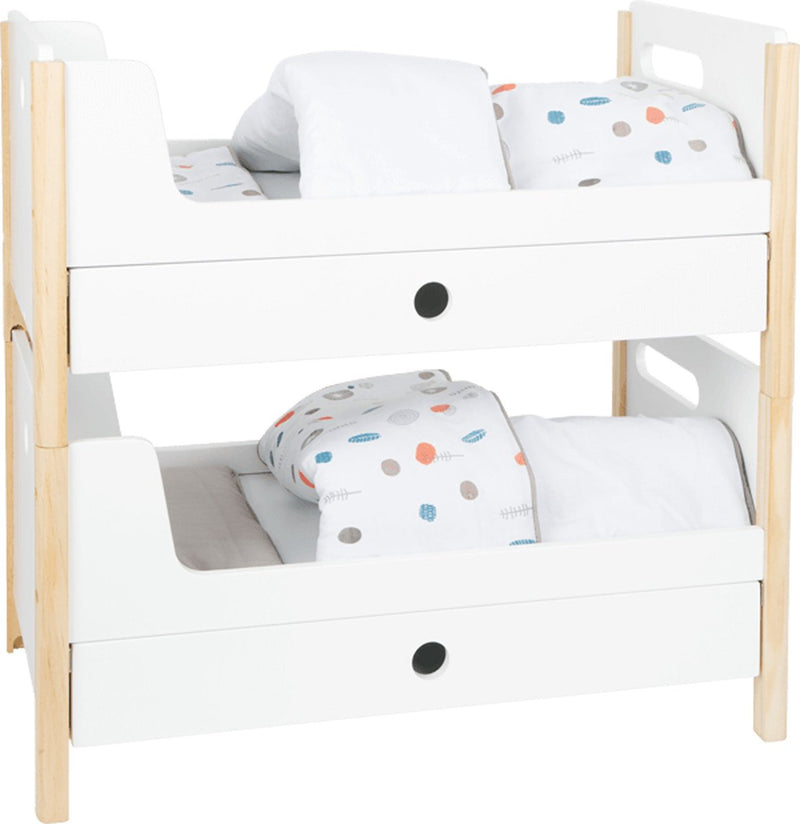 Muñeca de madera de pie pequeña cama alta botón con ropa de cama, 6dlg.