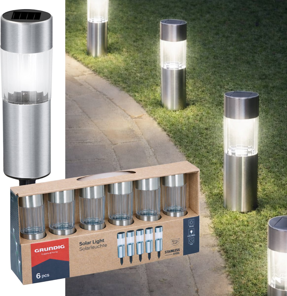 Illuminazione da giardino Grundig – Set di 6 lampade solari – Lanterna solare – Lampada da giardino con LED ad energia solare