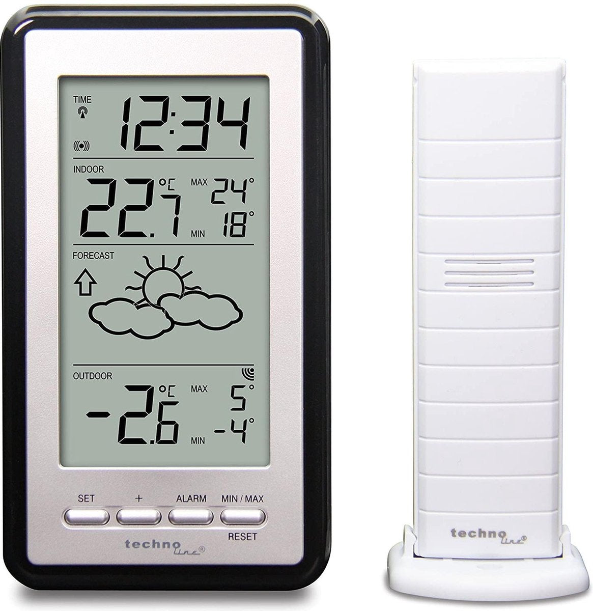 Technoline ws 9130 - estación meteorológica - estación de mesa o de pared - temperatura interior y exterior - visualización de la hora radiocontrolada - alarma - repetición - plateado - negro