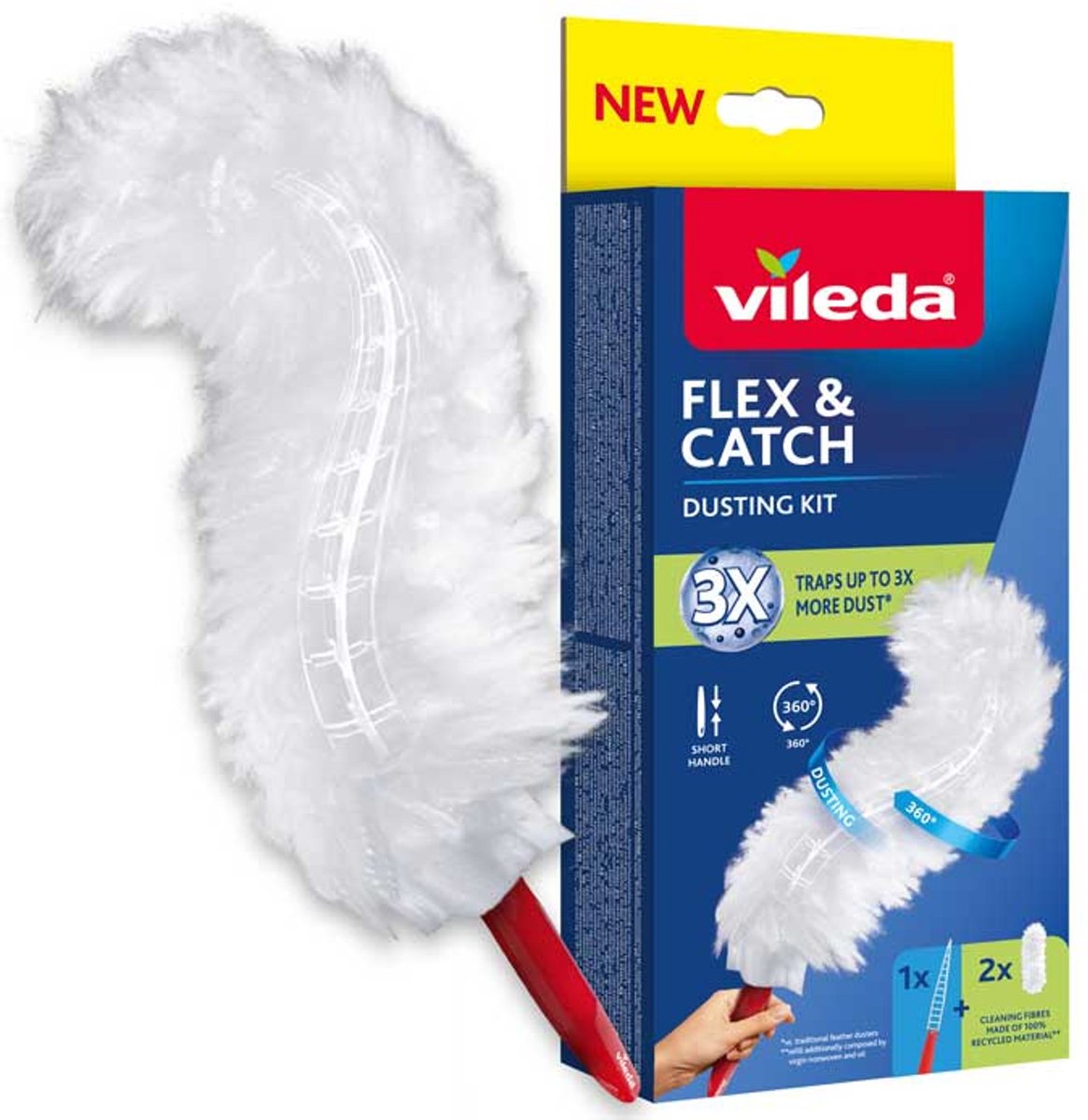 Vileda flex catch - stofbezem met korte steel - 2 navulling inbegrepen - antislip - flexibele kop - 179432