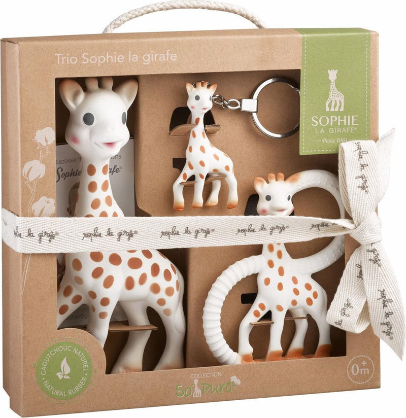 Sophie the giraffe so'pure trio - set de regalo - juguetes para la dentición - juguetes para bebés - caucho 100% natural - 3 piezas - regalo de maternidad - regalo de baby shower - en caja de regalo reciclada con lazo de algodón orgánico