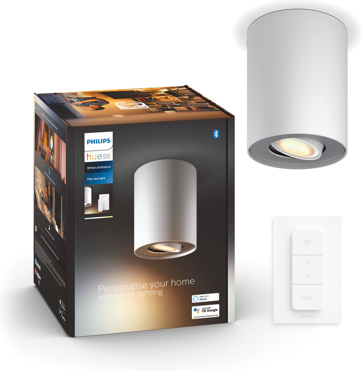 Philips hue pillar opbouwspot - warm- tot koelwit licht - 1-spot - wit - 1 dimmer switch - gu10