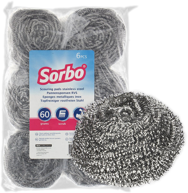 Sorbo - spugnetta in metallo - set da 6 - spugnette in acciaio inox resistenti 60 grammi - rimuove lo sporco ostinato da pentole, griglia del forno