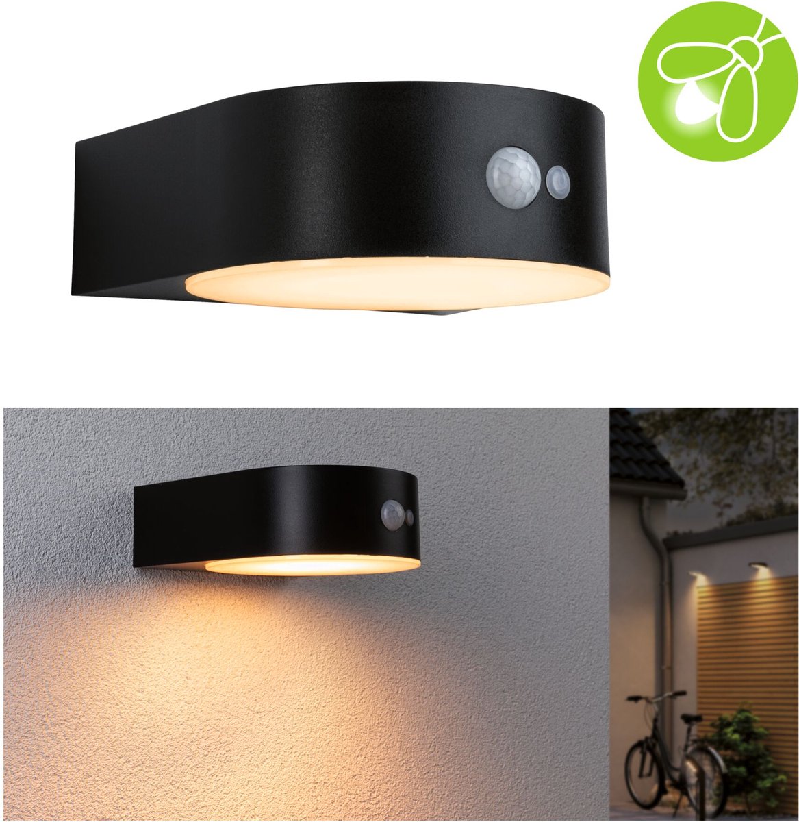 Paulmann Lampada da Parete Solare LED per Esterno Rilevatore di Movimento Eileen Insetto-friendly IP44 2200K 300LM Nero