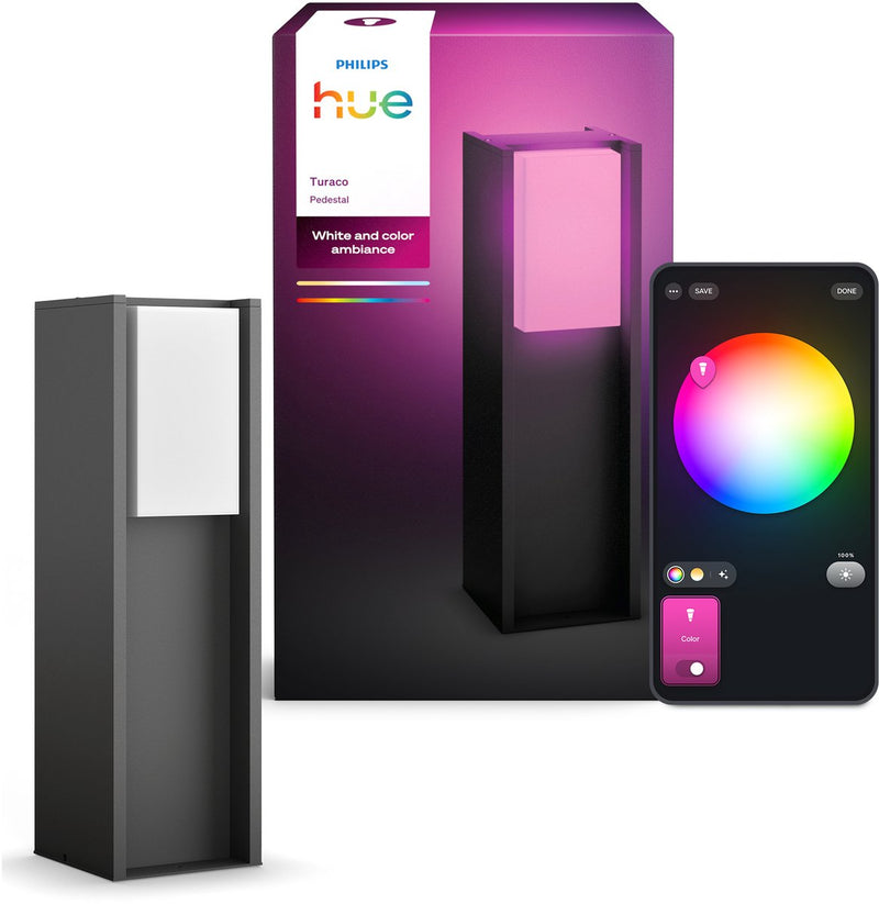 Lámpara de pie baja Philips Hue Turaco - iluminación de jardín - gris antracita - IP44 - luz blanca y de color - 1100 lúmenes - control mediante nuestra aplicación o con la voz - compatible con la materia