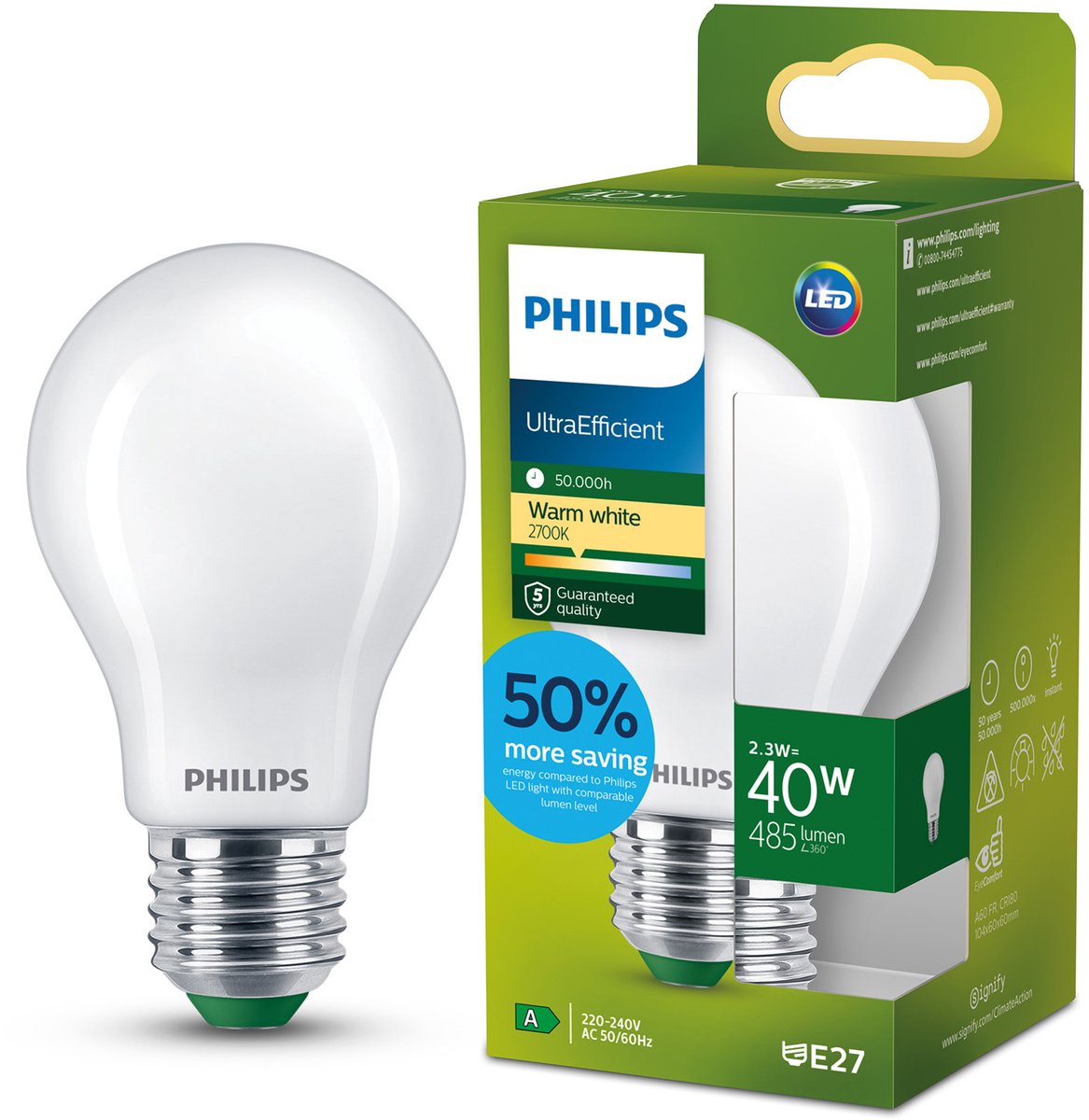 Philips LED Lampada LED ultraefficiente Philips - opaca - 40w - attacco E27 - luce bianca calda: 2700k - risparmia sui costi energetici