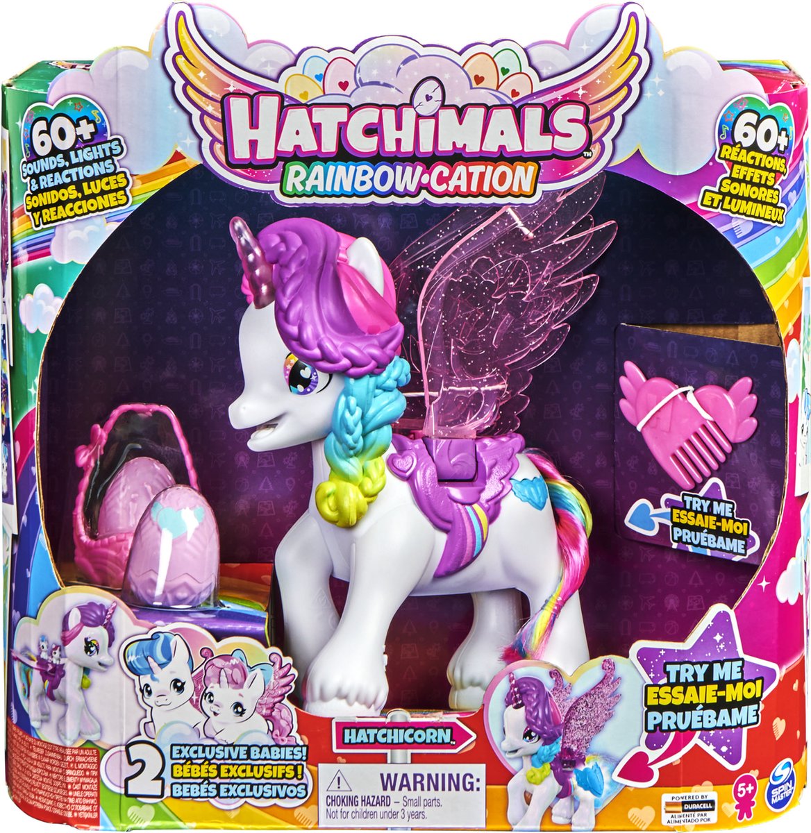 Hatchimals colleggtibles: unicornio hatchicorn interactivo con alas batientes, más de 60 luces y sonidos y 2 bebés únicos