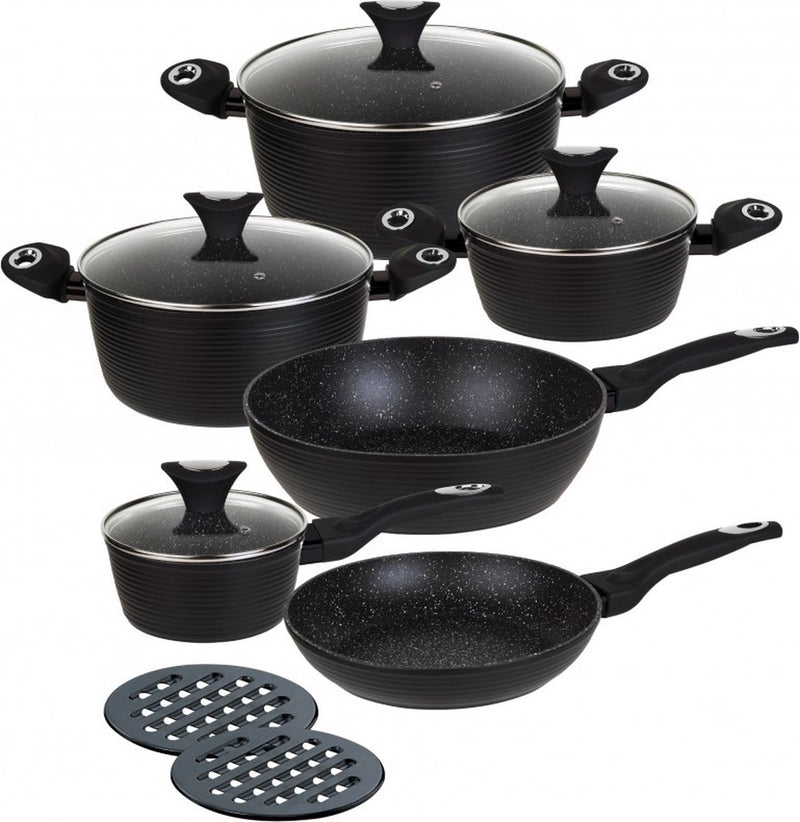 Set pentole Klausberg 7244 - 12 pezzi - rivestimento in ceramica marmorizzata - alluminio forgiato - tocco freddo - adatto all'induzione tutte le fonti di calore - nero