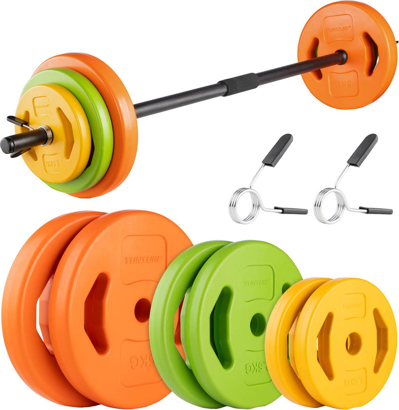 Tunturi juego de pesas aeróbicas con bomba de 20 kg - juego de mancuernas con 6 discos - incl. barra con pesas - con capa protectora de gomaespuma - incl. aplicación de fitness gratuita