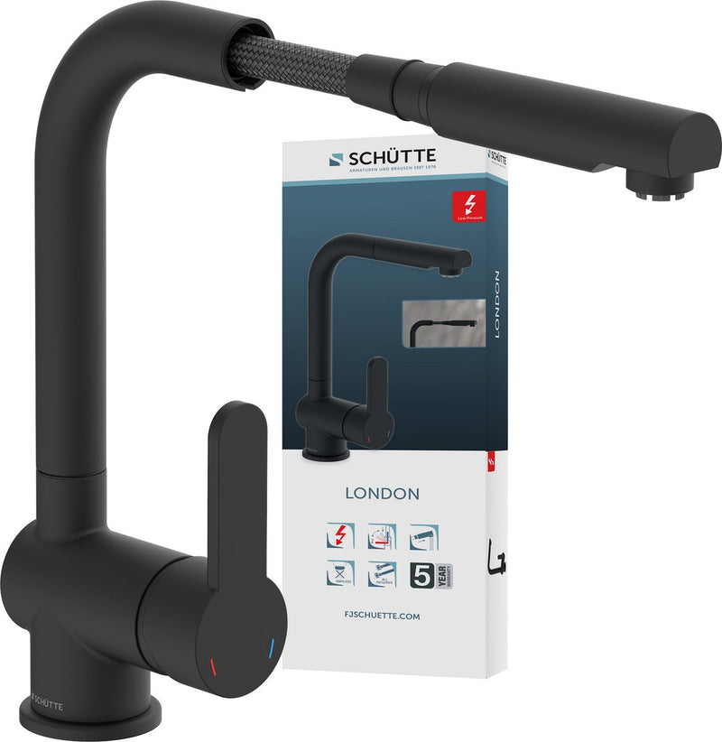 Rubinetto cucina Schütte london design per scaldabagno con bocca libera - bassa pressione - miscelatore - bocca alta, girevole ed estraibile - maniglia laterale - nero opaco