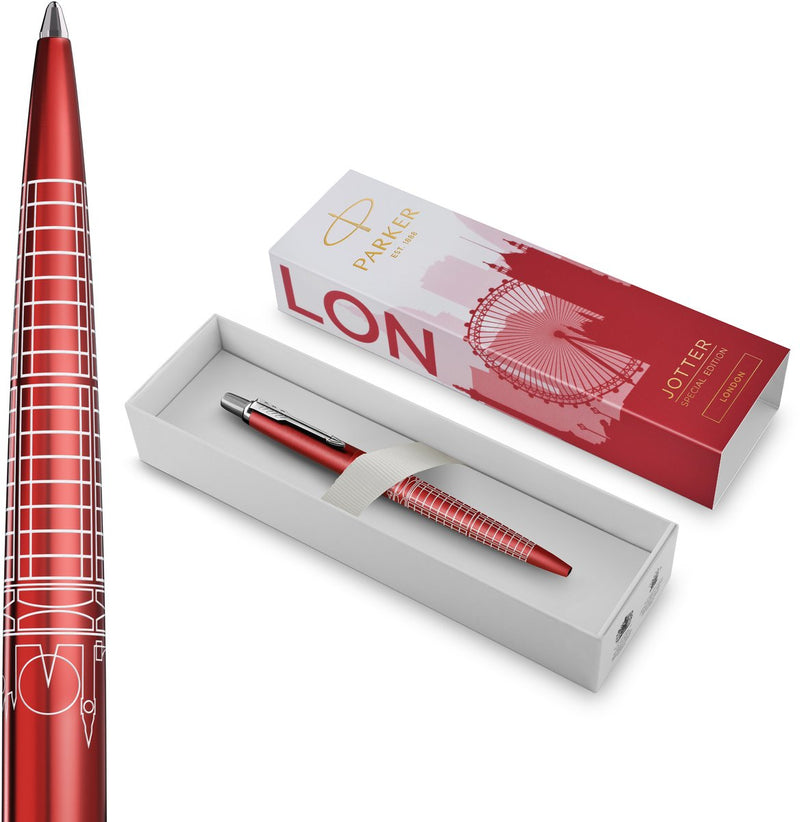 Penna a sfera Parker jotter | edizione speciale | rosso londra con dettagli cromati | pennino medio | inchiostro blu | confezione regalo