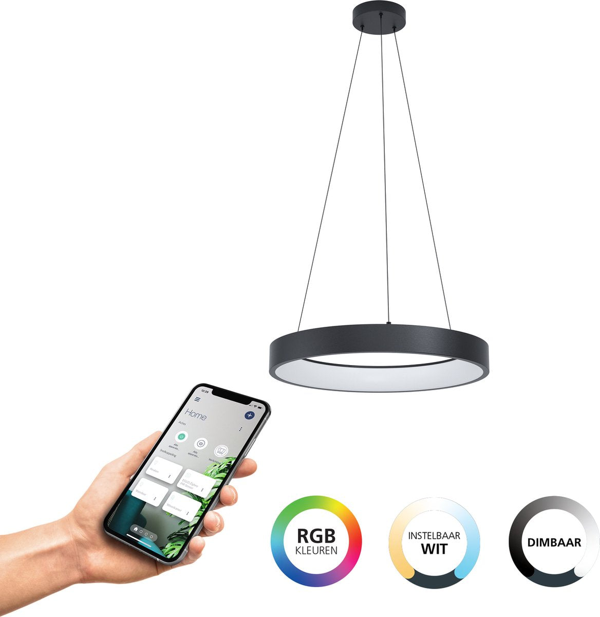 Eglo connect.z marghera-z smart hanglamp - ø 60 cm - zwart wit - instelbaar rgb wit licht - dimbaar - zigbee