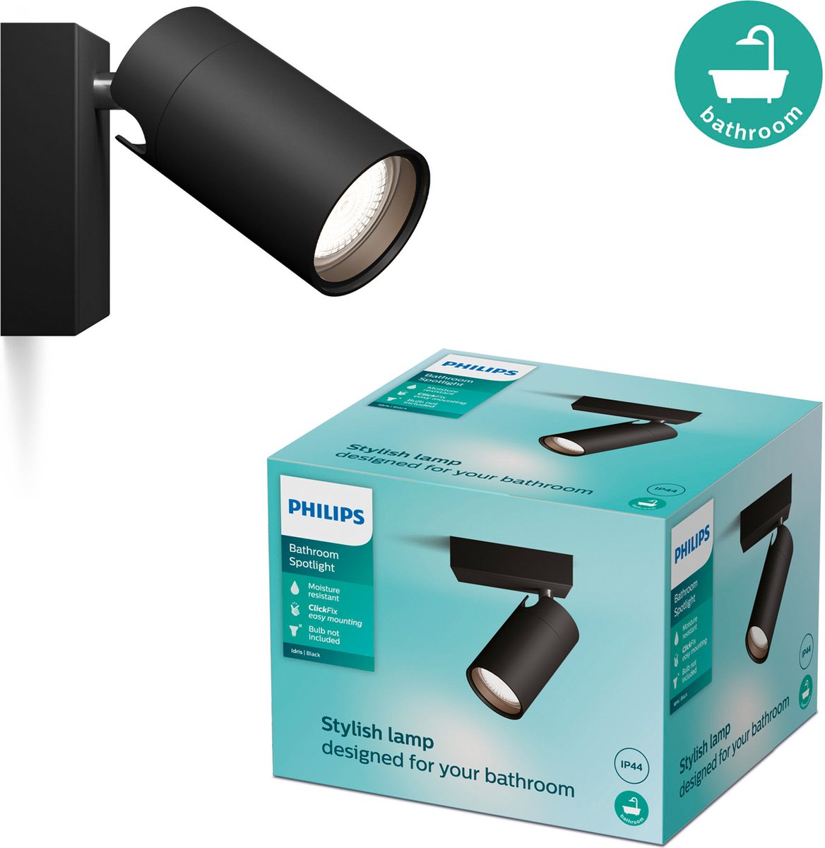Philips Spot LED Philips Idris - antispruzzo IP44 - nero - 5W - lampada da bagno - un punto luce - adatto solo a faretti LED