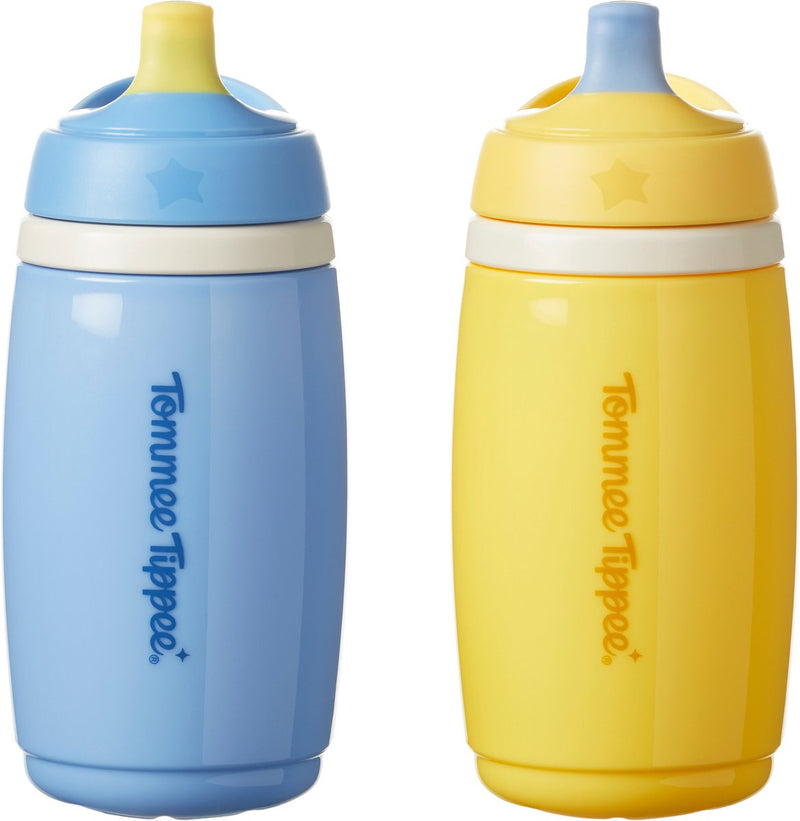 Tommee tippee vaso con boquilla activa aislante - 2 piezas - 266 ml - botella de agua a prueba de fugas para niños pequeños de 12 meses o más - azul y amarillo