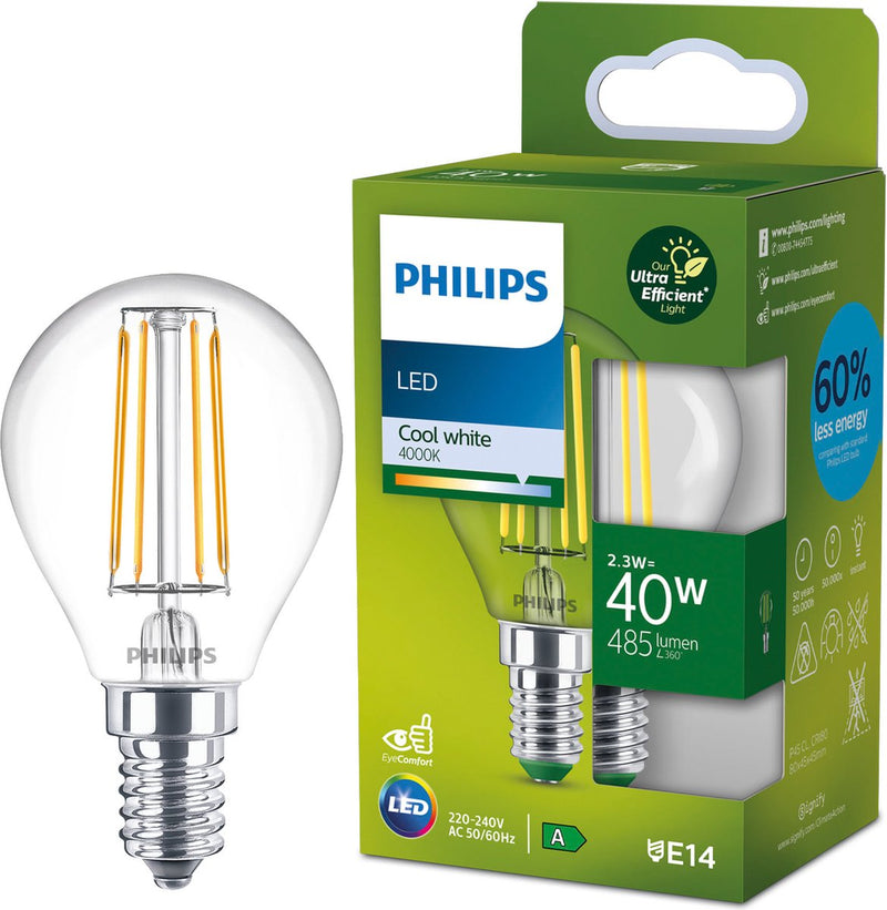 Philips LED Lampada a sfera LED Philips ultra efficiente trasparente - 40 W - E14 - luce bianca fredda - etichetta energetica a
