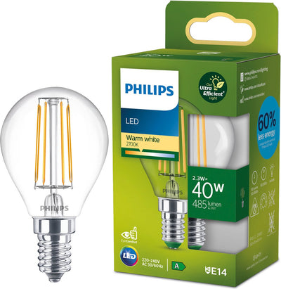 Philips LED Lámpara de bola LED Philips ultra eficiente transparente - 40 W - E14 - luz blanca cálida - etiqueta energética a