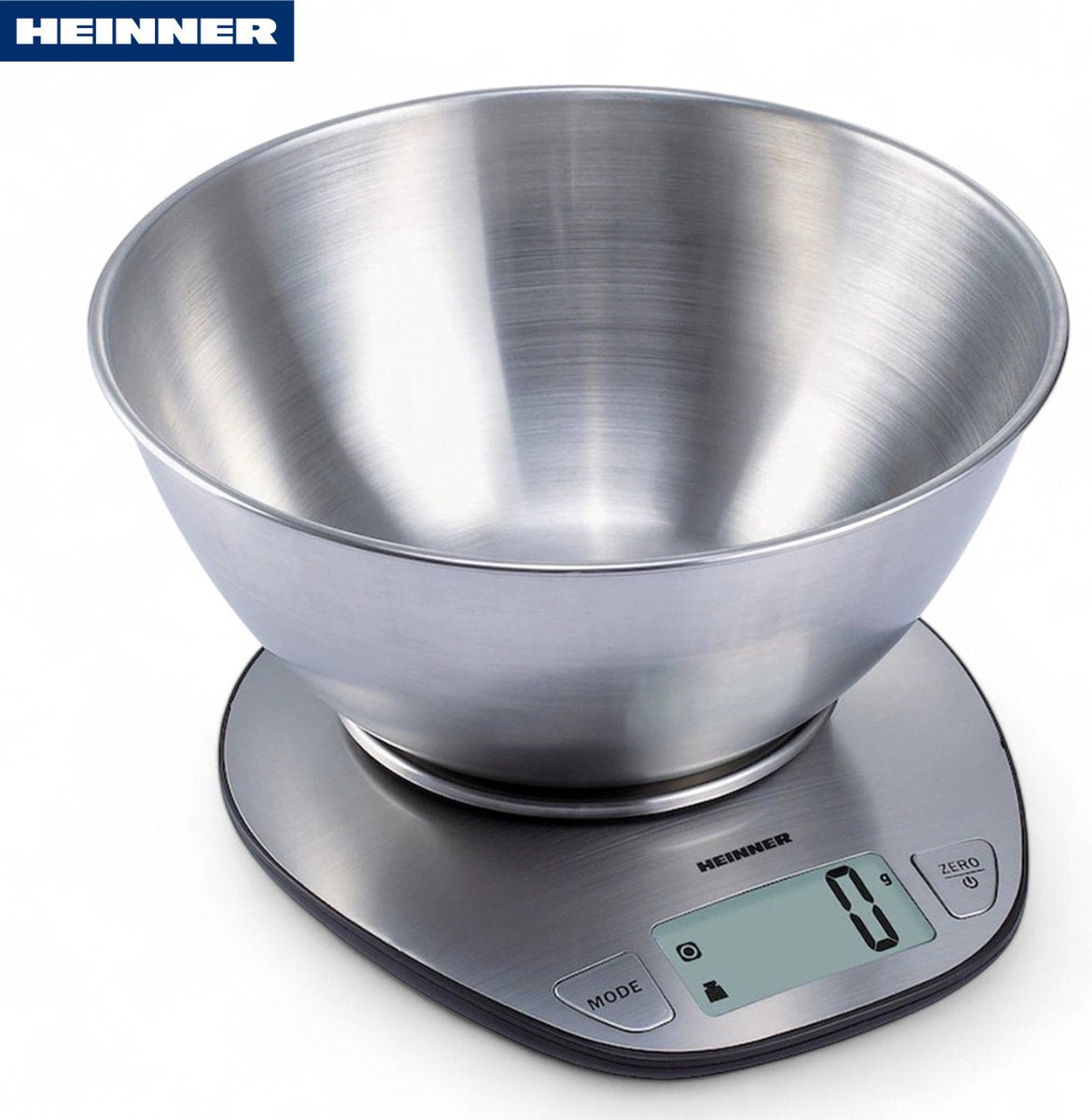 Báscula de cocina digital Heinner con bol - 1 g a 5 kg - función de pesaje para líquidos (ml) - pantalla LCD - encendido apagado automático - función de tara - plateada