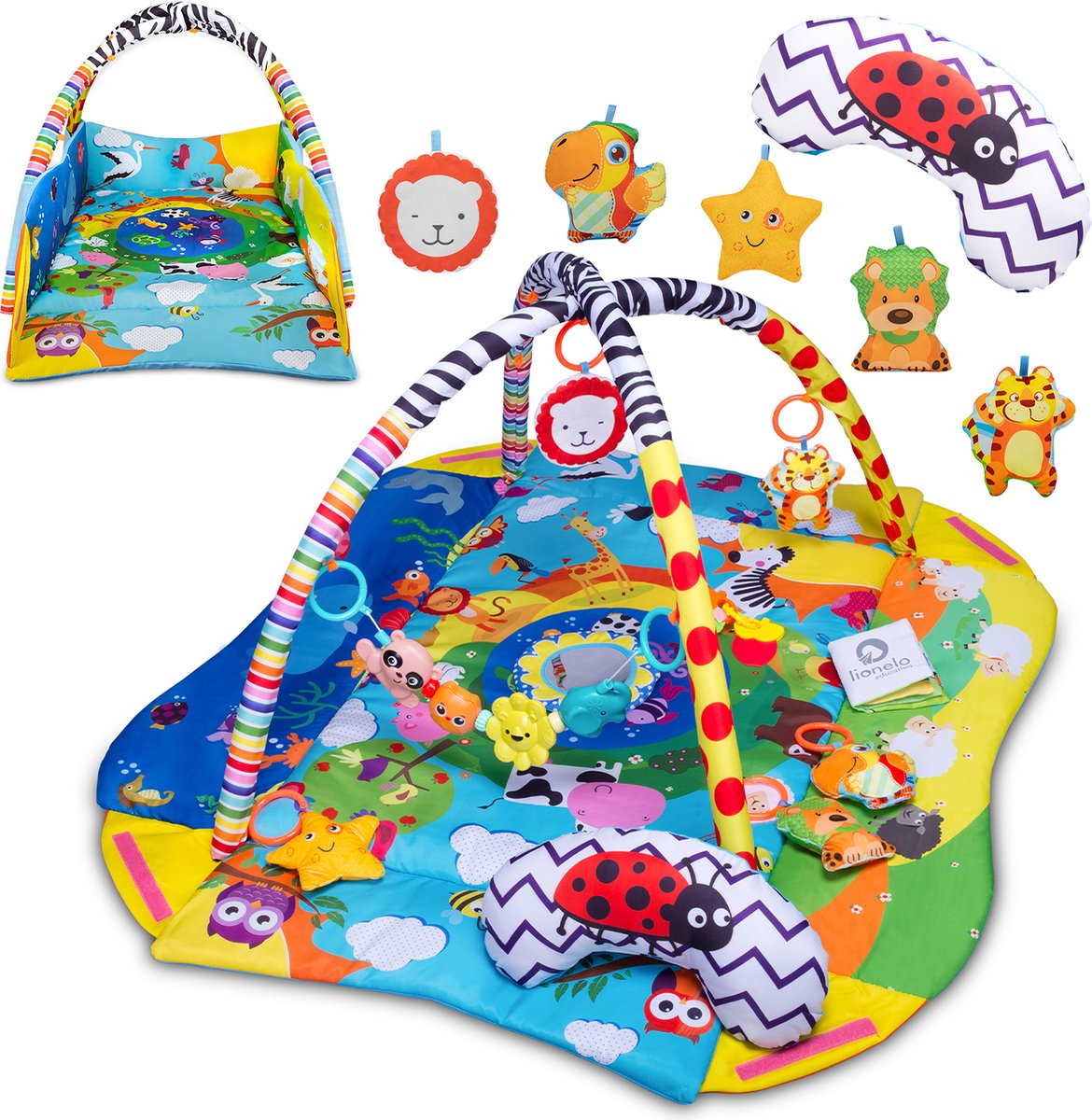 Lionelo anika plus 2-in-1 baby gym play mat – with raised edges (playpen function) – including tummy time cushion, interactive booklet 5 toys – 115x110 cm