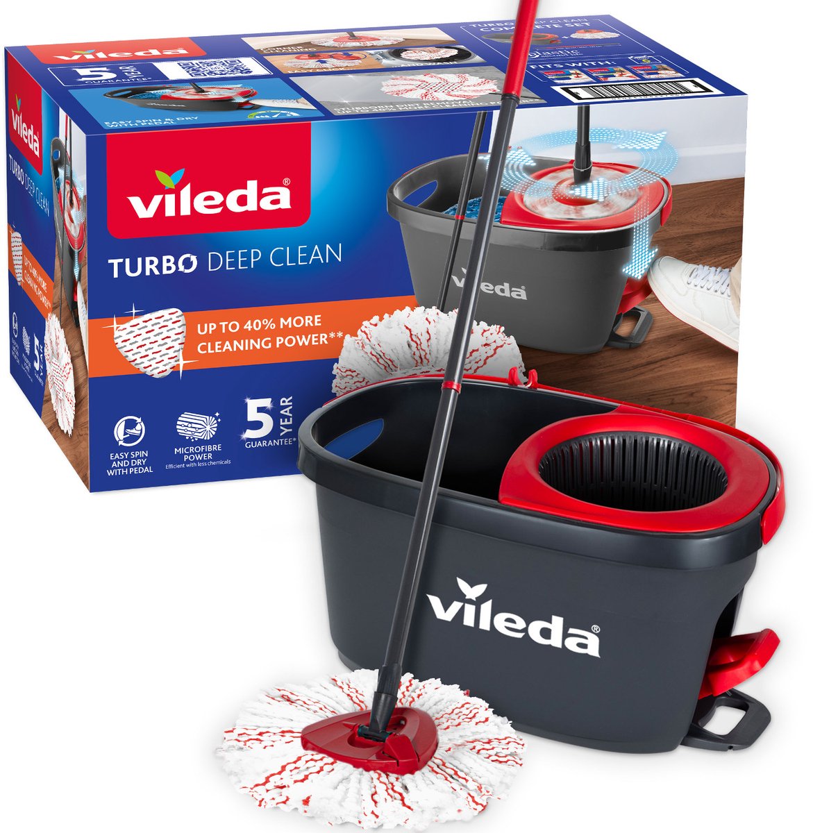 Vileda turbo deep clean - set completo di mocio rotante con secchio con pressa a pedale - manico telescopico 65–131 cm - potente mocio in microfibra