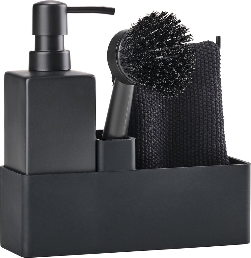 Set per lavastoviglie Zone Denmark 19 x 6 x 20,5 cm con strofinaccio, dispenser per sapone in ceramica, spazzola per piatti e organizer da cucina - 4 pezzi neri - set per lavastoviglie