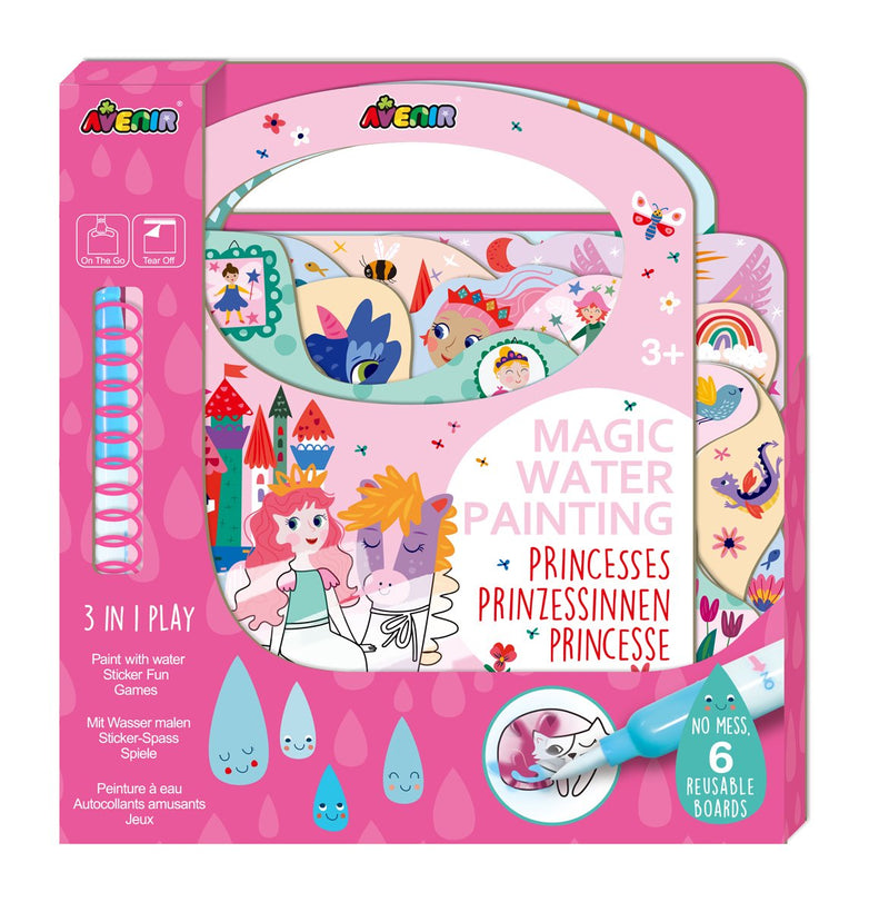 Pittura ad acqua magica Avenir: principessa dei libri, 6 pagine riutilizzabili con gioco 3 in 1, 3+