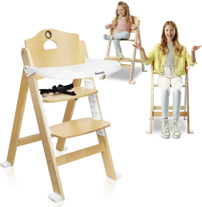 Lionelo floris high chair 3in1 - dining chair, high chair with footrest chair up to 40kg - 4-stage adjustable seat and footrest - birch wood, removable table, safety belts - Scandinavian design, grows with the child