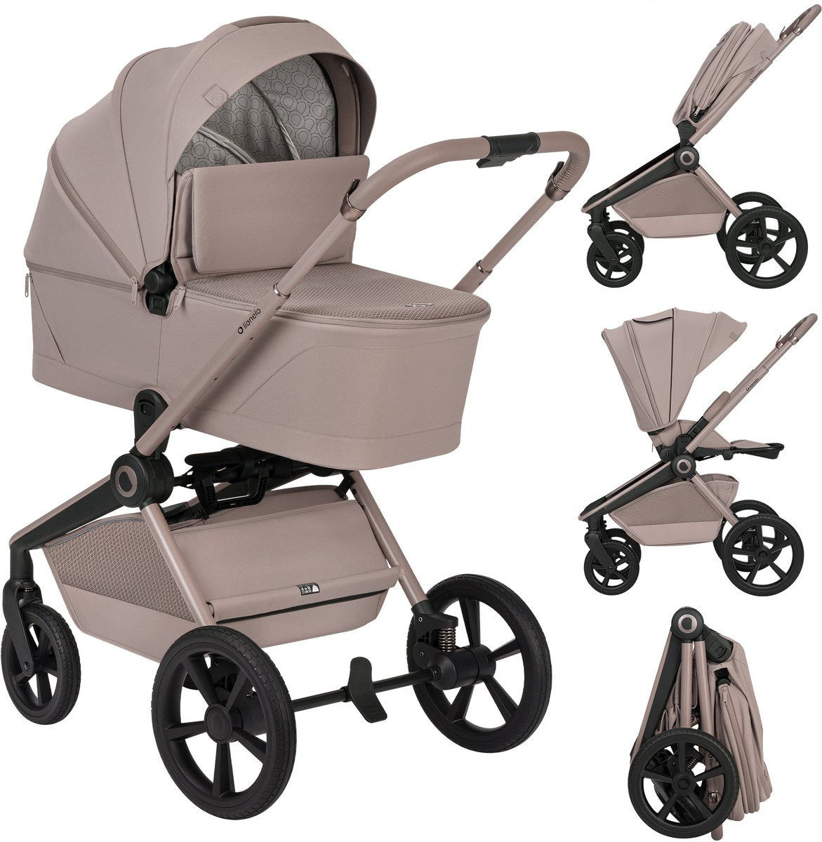 Lionelo Freya 3in1 stroller set – carrycot, stroller astrid i-size car seat (40–87 cm) – premium - from birth to 22 kg – PU wheels with suspension – reversible seat – UPF50+ hood