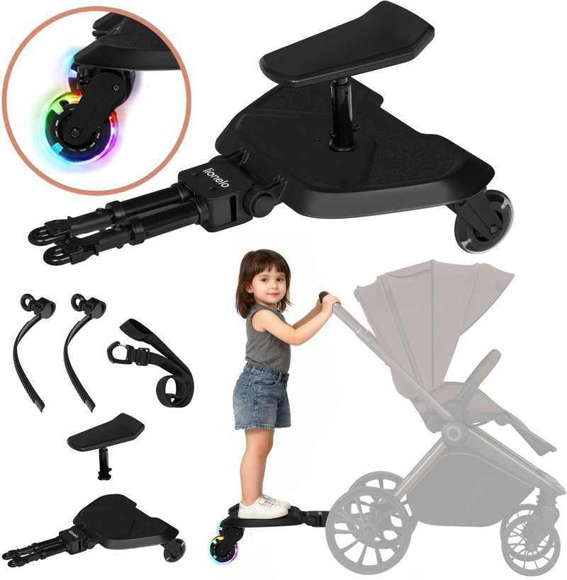 Pedana per passeggino Lionelo pedana con ruote - gradino per passeggino - opzione seduto e in piedi - universale - ruote a LED - sedile regolabile - piattaforma antiscivolo - fino a 25 kg - 2-5 anni - montaggio facile