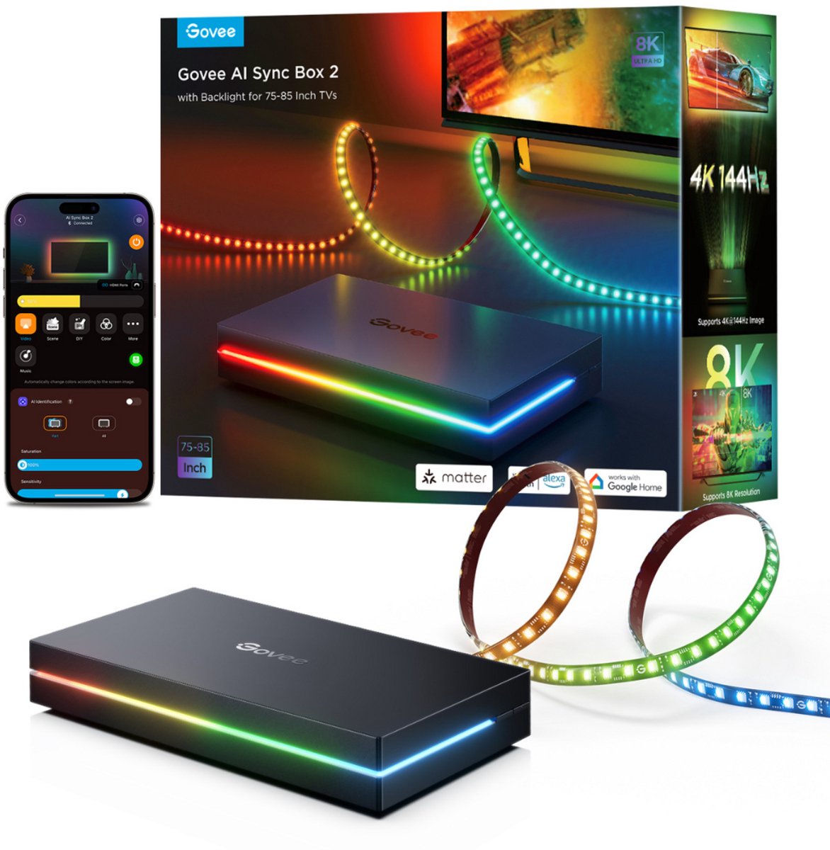 Govee AI Sync Box 2 75–85 inches - HDMI Sync Box with LED Lighting - RGBICW - App Control - Alexa Google - Matter Compatible