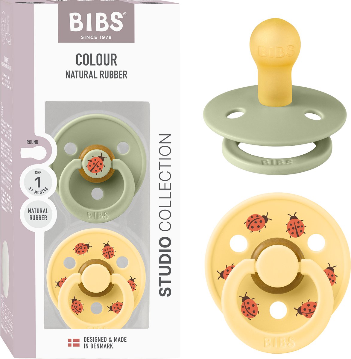 Bibs colour studio speen verpakking van 2 stuks. bpa-vrij, ronde speen. natuurlijk rubberlatex, gemaakt in denemarken, maat 1 (0-6 maanden), sage pale butter