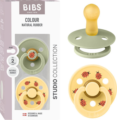 Bibs colour studio speen verpakking van 2 stuks. bpa-vrij, ronde speen. natuurlijk rubberlatex, gemaakt in denemarken, maat 2 (6-18 maanden), sage pale butter